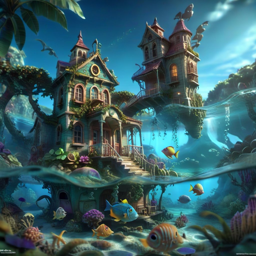 MAGICAL cute STORYBOOK tropical bay , shabby STYLE lovely house on the tropical bay ON THE book PAGE, summer, tropical fish in the water. Modifiers: highly detailed dof trending on cgsociety steampunk fantastic view ultra detailed 4K 3D whimsical Storybook beautifully lit etheral highly intricate stunning color depth disorderly outstanding cute illustration cuteaesthetic Boris Vallejo style shadow play The mood is Mysterious and Spellbinding, with a sense of otherworldliness otherwordliness macro photography style LEONARDO DIFFUSION XL STYLE vintage-boho,stopmotion