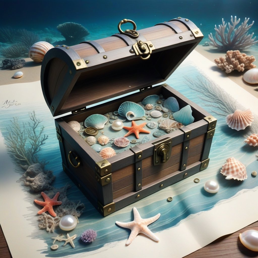 ((ultra realistic photo)), artistic sketch art, Make a little PASTELL pencil sketch of a MAGICAL LOVELY TREASURE CHEST on an old TORN EDGE paper UNDERWATER SEA BOTTOM , art, textures, pure perfection, high definition, TINY DELICATE SEA-SHELL, TINY STARFISH, PEARLS, DELICATE CORAL, TINY SILVER COIN, SEAWEED, GEMS, SHELL AROUND the paper, detailed calligraphy texts, TINY delicate drawings, tiny delicate signature,BookScenic,underwater,AtlantisWorld