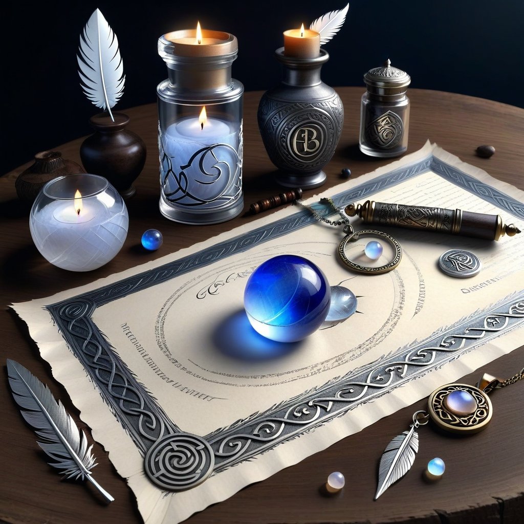 ((ultra ARTISTIC sketch)), (artistic sketch art), Make a 3d DETAILED old torn paper scroll on a scraped old desk (detailed celtic runes on the paper and silver feather pendant with moonstone ball) crystal, moonshine, silver coin, little moonstone gem , tiny candle, tiny potion jar, spiderweb, DISORDERED,1dragon