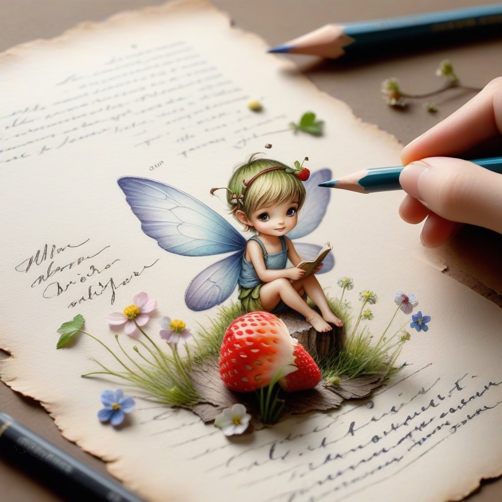 ((ultra realistic photo)), artistic sketch art, Make a little PASTELL pencil sketch of a cute TINY PIXIE SITTING on an old TORN EDGE paper , art, textures, pure perfection, high definition, TINY DELICATE FLOWERS, WILD BERRIES ,STRAWBERRY, LEAF, FEATHER, TINY MUSHROOM, TINY BUTTERFLY, TINY SUNBEAM, GRASS FIBERS on the paper,  detailed calligraphy texts, TINY delicate drawings, tiny delicate signature