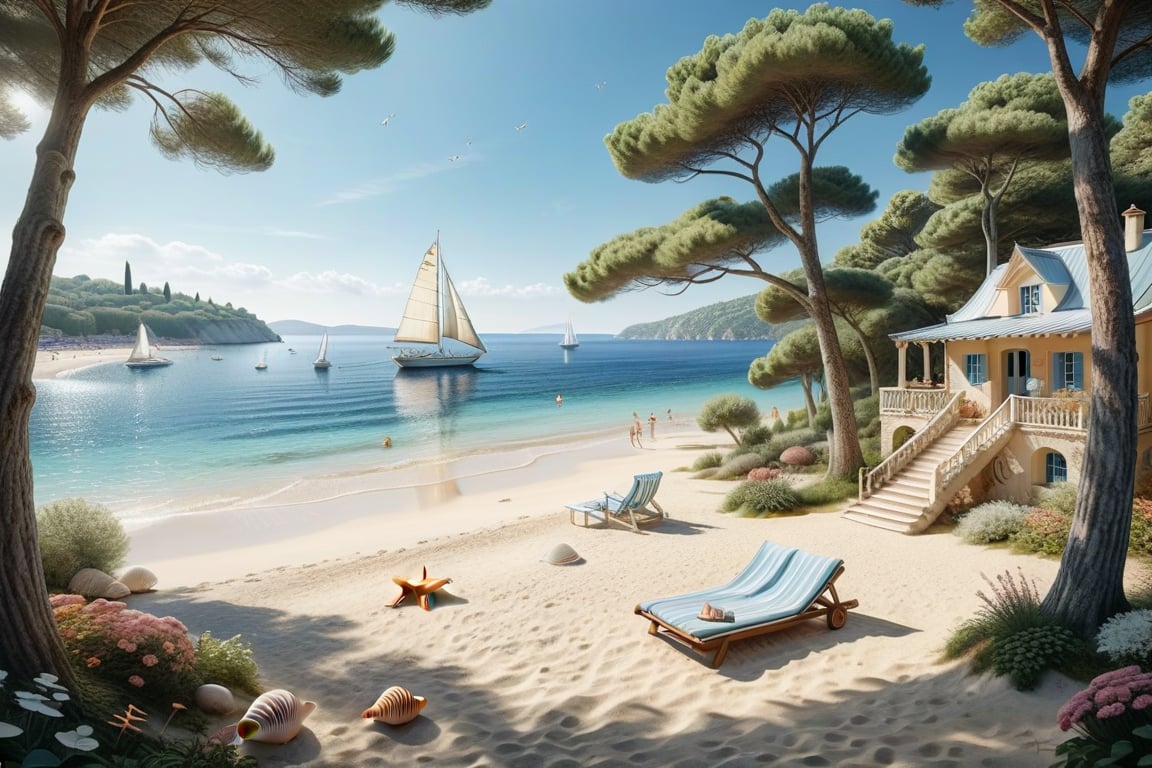 A serene NIzza beach scene unfolds before us. Little apartman house with terrace. Soft white sand stretches beneath the gentle sway of trees, while a family plays and laughs together and sunbathe. In the distance, a majestic sailing ship glides across the calm sea, its sails billowing in the breeze. Blankets scatter the shore, topped with tiny treasures: delicate sea-shells and starfish. The highly detailed landscape, reminiscent of Jean-Jacques Sempé's whimsical illustrations from Petit Nicolas, comes to life in PASTEL SHADES.