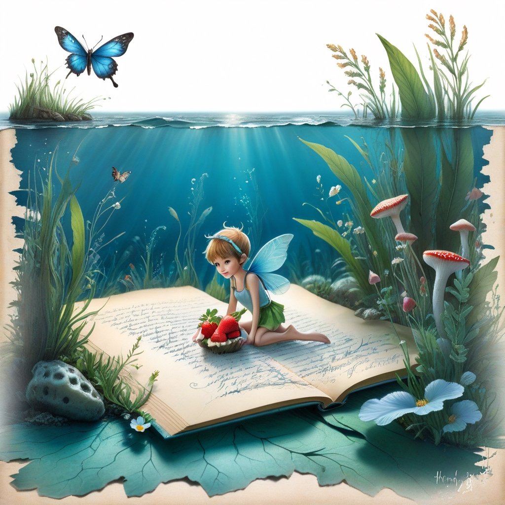 ((ultra realistic photo)), artistic sketch art, Make a little PASTELL pencil sketch of a cute TINY PIXIE SITTING on an old TORN EDGE paper UNDERWATER SEA BOTTOM , art, textures, pure perfection, high definition, TINY DELICATE FLOWERS, WILD BERRIES ,STRAWBERRY, LEAF, FEATHER, TINY MUSHROOM, TINY BUTTERFLY, TINY SUNBEAM, GRASS FIBERS on the paper,  detailed calligraphy texts, TINY delicate drawings, tiny delicate signature,BookScenic,underwater,AtlantisWorld