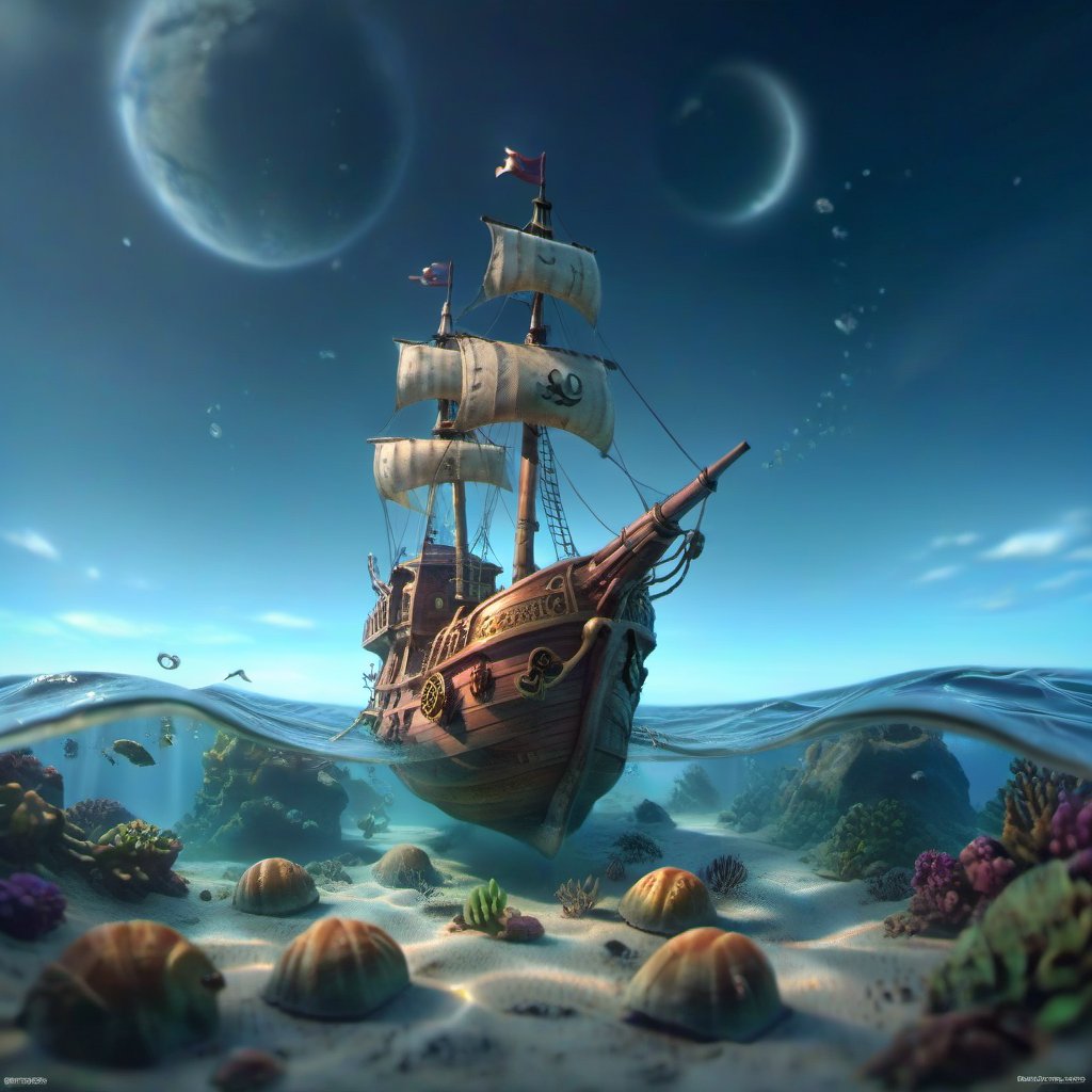 POV angle water worm's-eye view, MAGICAL cute STORYBOOK tropical bay , shabby STYLE lovely sailing ship on the beach, view on the tropical bay , summer, semi underwater view, pirate treasures underwater.  Modifiers: highly detailed dof trending on cgsociety steampunk fantastic view ultra detailed 4K 3D whimsical Storybook beautifully lit etheral highly intricate stunning color depth disorderly outstanding cute illustration cuteaesthetic Boris Vallejo style shadow play The mood is Mysterious and Spellbinding, with a sense of otherworldliness  otherwordliness macro photography style LEONARDO DIFFUSION XL STYLE 