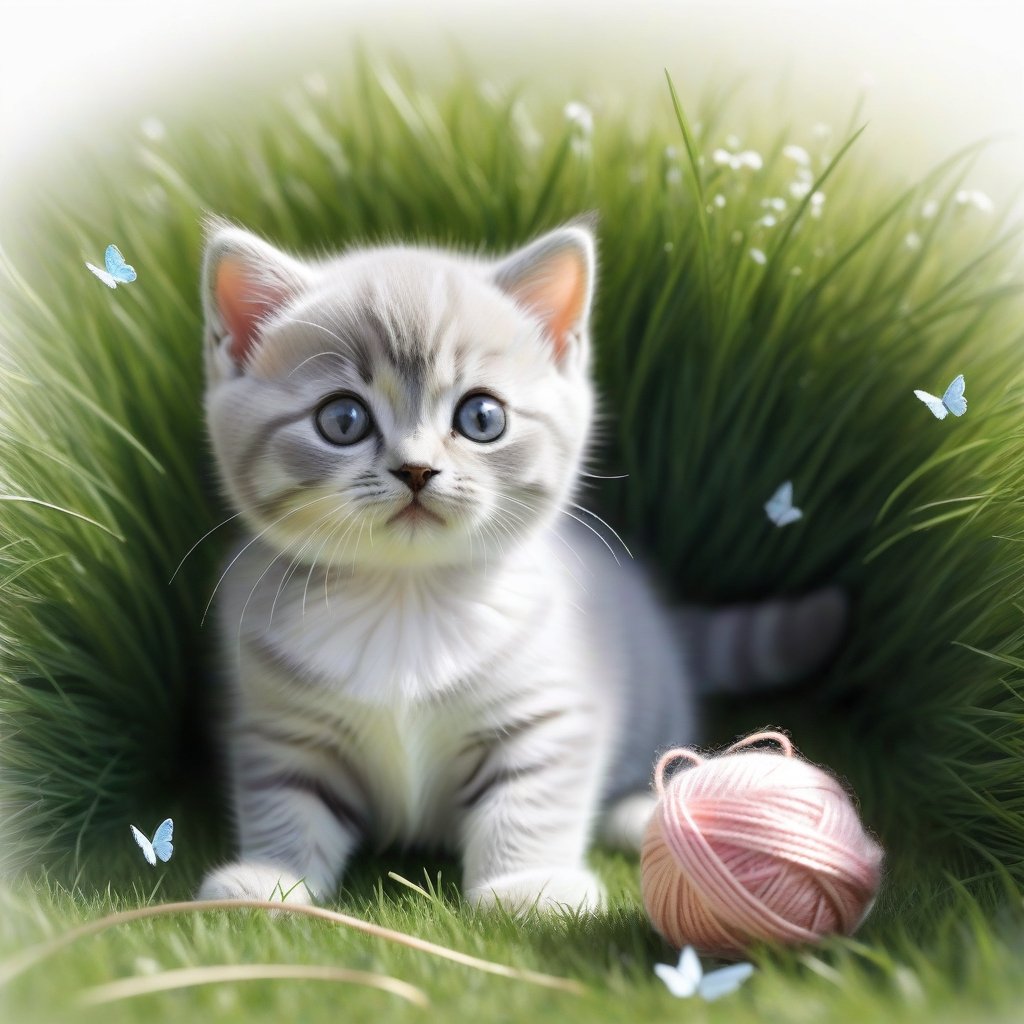 ((ultra realistic photo)), artistic sketch art, Make a little pencil sketch of a cute TINY BRITISH shorthaired CAT play with a ball of yarn  in the grass , art, textures, pure perfection, high definition, feather around, TINY DELICATE FLOWERS, ball of yarn, flower petals , Sun beam, butterfly, tiny cat toys, detailed calligraphy texts, tiny delicate drawings