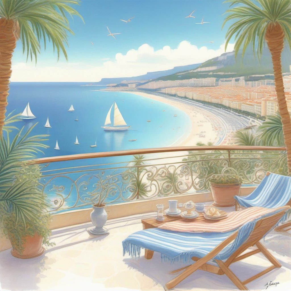 a little terrace, sunshade,  great amazing view to the Monaco beach,white sand beach ,palm trees, sailing ship on the ocean, scattered blankets here and there, tiny delicate sea-shell, little delicate starfish, sea ,(very detailed amazing view to the tropical lagoon,  DETAILED LANDSCAPE, COLORFUL, Jean-Jacques Sempé art style drawing