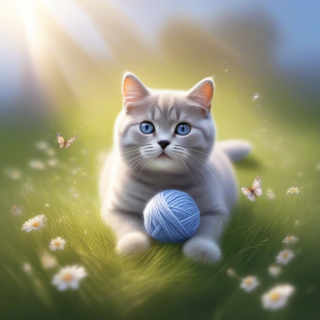 a cute BRITISH shorthaired KITTY play with a ball of yarn in the grass , art, textures, pure perfection, high definition, feather around, TINY DELICATE FLOWERS, ball of yarn, flower petals , Sun beam, butterfly, tiny dew drops, detailed calligraphy texts float, tiny delicate drawings