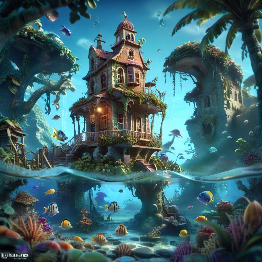 MAGICAL cute STORYBOOK tropical bay , shabby STYLE lovely house on the tropical bay ON THE book PAGE, summer, tropical fish in the water. Modifiers: highly detailed dof trending on cgsociety steampunk fantastic view ultra detailed 4K 3D whimsical Storybook beautifully lit etheral highly intricate stunning color depth disorderly outstanding cute illustration cuteaesthetic Boris Vallejo style shadow play The mood is Mysterious and Spellbinding, with a sense of otherworldliness otherwordliness macro photography style LEONARDO DIFFUSION XL STYLE vintage-boho