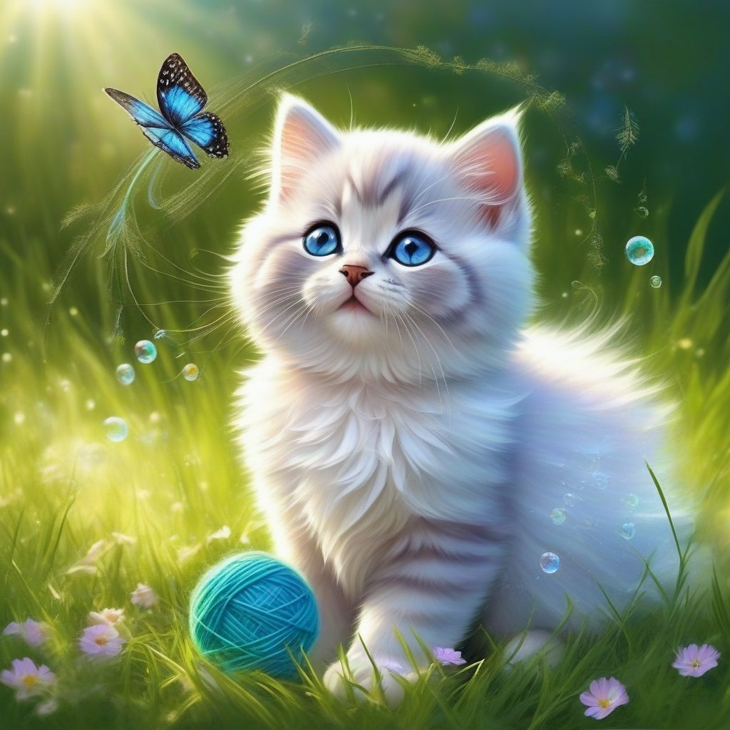 a cute BRITISH shorthaired BLUE EYED HAPPY PLAYFUL KITTY play with a ball of yarn in the grass , (art, textures, pure perfection, high definition), feathers around, TINY DELICATE FLOWERS, ball of yarn, flower petals , Sun beam, 1SOAP BUBBLE, butterfly, tiny dew drops float, detailed calligraphy texts float, tiny delicate drawings,