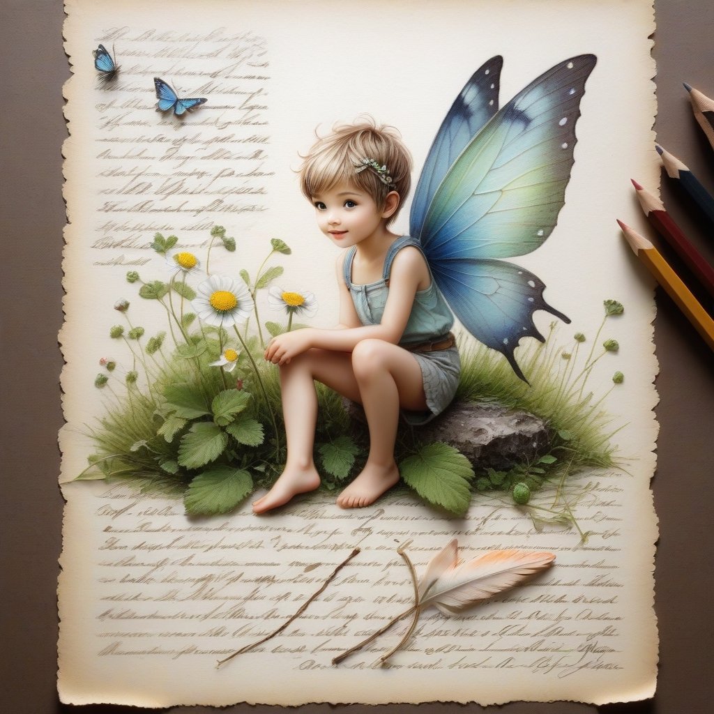 ((ultra realistic photo)), artistic sketch art, Make a little PASTELL pencil sketch of a cute TINY PIXIE SITTING on an old TORN EDGE paper , art, textures, pure perfection, high definition, TINY DELICATE FLOWERS, WILD BERRIES ,STRAWBERRY, LEAF, FEATHER, TINY MUSHROOM, TINY BUTTERFLY, TINY SUNBEAM, GRASS FIBERS on the paper,  detailed calligraphy texts, TINY delicate drawings, tiny delicate signature