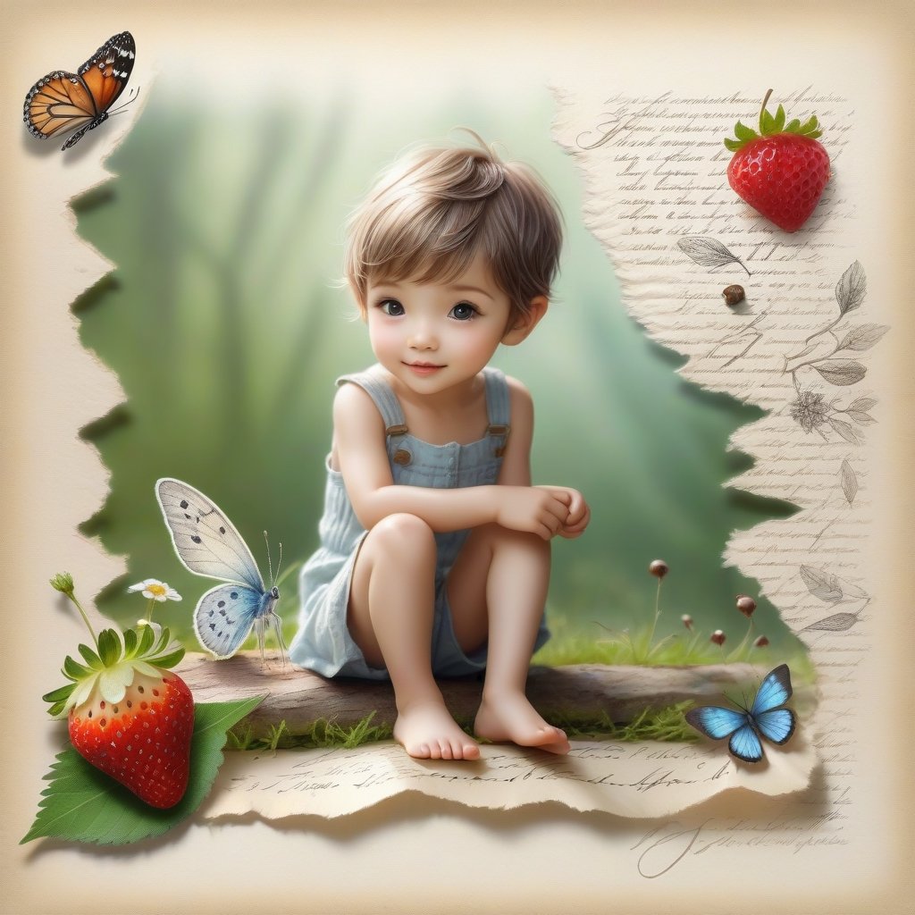 ((ultra realistic photo)), artistic sketch art, Make a little PASTELL pencil sketch of a cute TINY PIXIE SITTING on an old TORN EDGE paper , art, textures, pure perfection, high definition, TINY DELICATE FLOWERS, WILD BERRIES ,STRAWBERRY, LEAF, FEATHER, TINY MUSHROOM, TINY BUTTERFLY, TINY SUNBEAM, GRASS FIBERS on the paper,  detailed calligraphy texts, TINY delicate drawings, tiny delicate signature