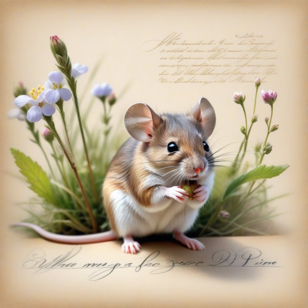 ((ultra realistic photo)), artistic sketch art, Make a little WHITE LINE pastel pencil sketch of a cute LITTLE MOUSE on an old paper , art, textures, pure perfection, high definition, LITTLE FRUITS around, TINY DELICATE FLOWERS, GRASS FIBERS on the paper, little calligraphy text