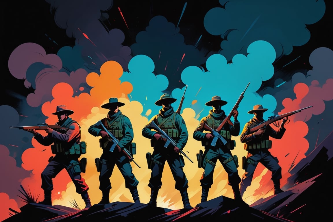 vector art, flat design, (A dramatic, dynamic depiction of a group of militiamen, set against a dark, mysterious background, with bold, contrasting light and shadow), character-focused, vibrant composition, accurate form, correct proportions, hand-drawn, playful minimalism, stylized simplicity, (dynamic negative space), geometric elegance, fluid forms, bold colors, strong shapes, striking contrast, iconic silhouette, oil painting, brush strokes, mixed media, graphic storytelling, visual metaphors, conceptual, aesthetic, balanced, refined,more detail XL,txznf,anime,comic book,3D