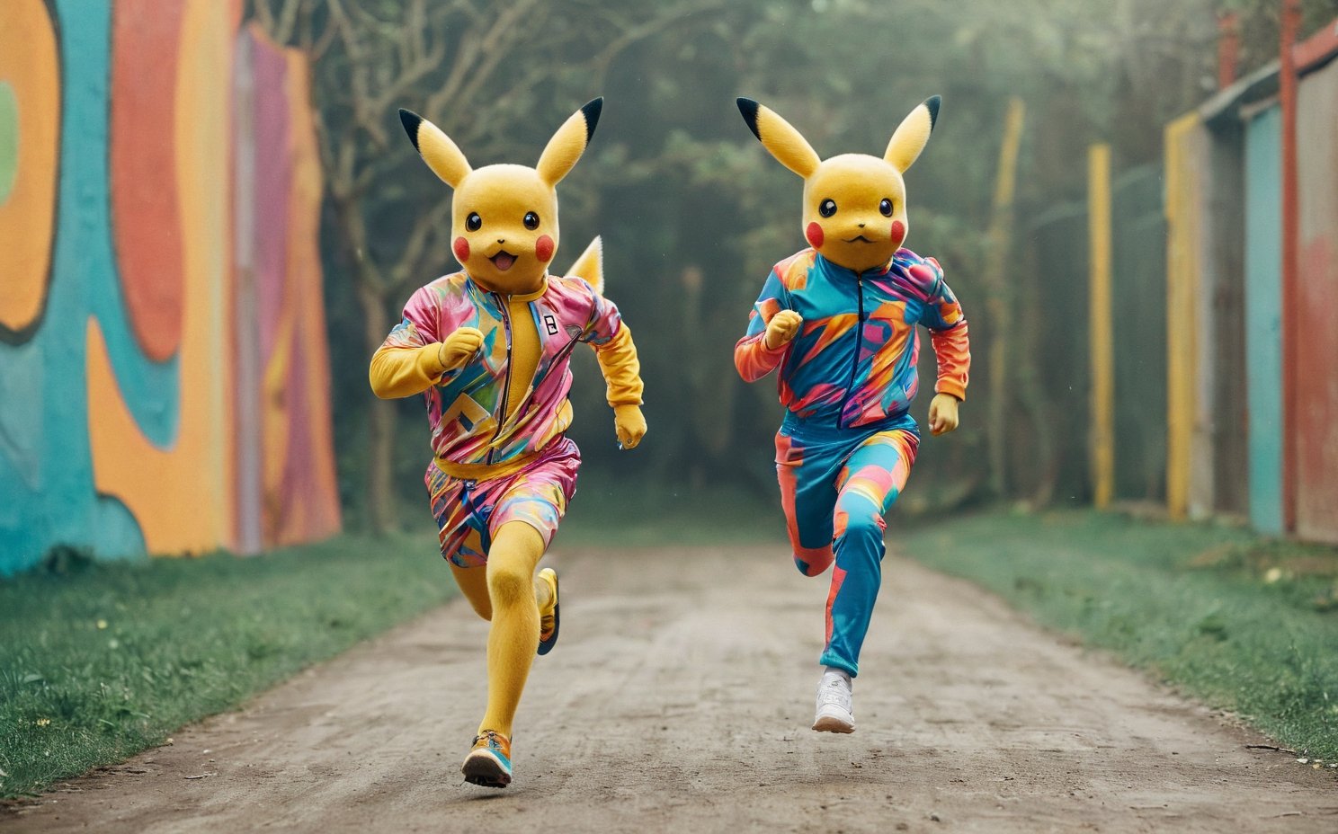 pikachu, running, wide full body portrait, in the style of psychadelic surrealism, wearing a flamboyant and colorful outif, futuristic marathon race background, fashion photography, young british artists (ybas), photo taken with provia, wildstyle, wes anderson color palette, found footage, goerz hypergon 6.5mm f/8, photorealistic, --stylize 500