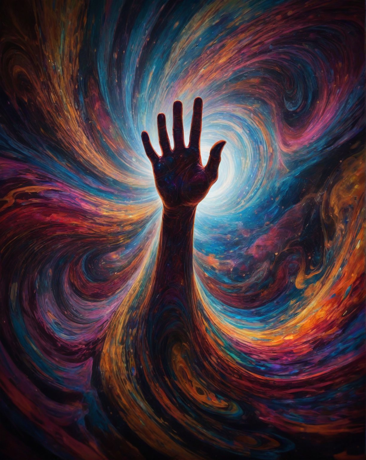 The image of god hand in a psychedelic surrealism style features swirling, vibrant colors that blend together in a dreamlike manner. god hand figure is distorted and elongated, with exaggerated features that seem to morph and shift before the viewer's eyes. The composition is chaotic yet balanced, with a sense of movement and energy that pulls the viewer into the surreal world of the image. The lighting is intense and dramatic, casting deep shadows and highlighting the surreal elements of the scene. Overall, the image captures a sense of otherworldly beauty and mystique, drawing the viewer into a mesmerizing and hypnotic visual experience.