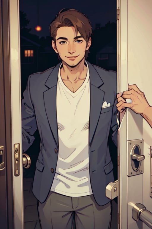 an image, at night, where we see a man
the man has short brown hair, shaved, smile, wearing a white shirt and a light gray blazer. , he wait front the close door, knoc-knoc, see behind
