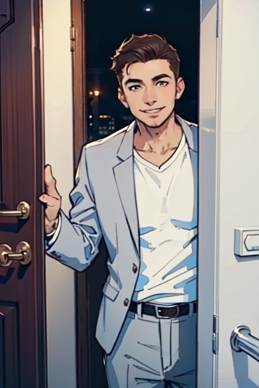 an image, at night, where we see a man
the man has short brown hair, shaved, smile, wearing a white shirt and a light gray blazer. , he wait front the close door, knoc-knoc, see behind
