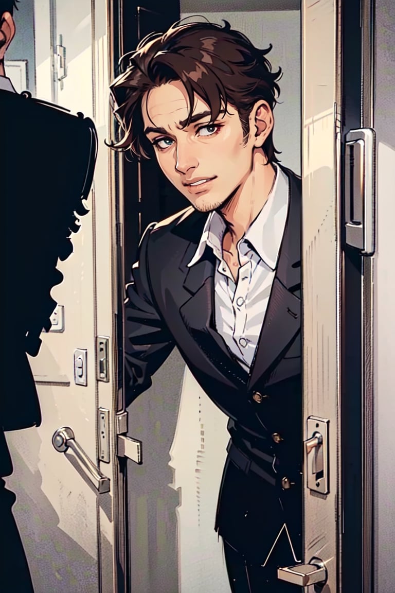 an image, at night, where we see a man
the man has short brown hair, shaved, smile, wearing a white shirt and a light gray blazer. , he wait front the close door, knoc-knoc, see behind
