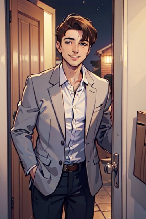 an image, at night, where we see a man
the man has short brown hair, shaved, smile, wearing a white shirt and a light gray blazer. , he wait front the close door, knoc-knoc, see behind
