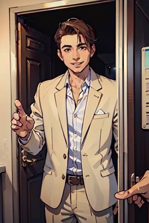 an image, at night, where we see a man
the man has short brown hair, shaved, smile, wearing a white shirt and a light gray blazer. , he wait front the close door, knoc-knoc, see behind
