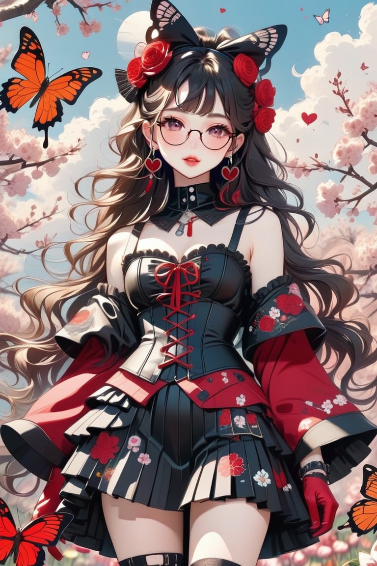 1girl, Catholicpunk aesthetic art, cute goth girl in a fusion of Japanese-inspired Gothic punk fashion, glasses, goth. RED gloves, tight corset, PARTED LIPS, KISSING LIPS, beautiful eyes, attractive eyes, incorporating traditional Japanese motifs and punk-inspired details,Emphasize the unique synthesis of styles, flowers, butterflies, score_9, score_8_up ,heavy makeup, earrings,  Lolita Fashion Clothes, kawaii, hearts ,emo, kawaiitech, dollskill,chibi,