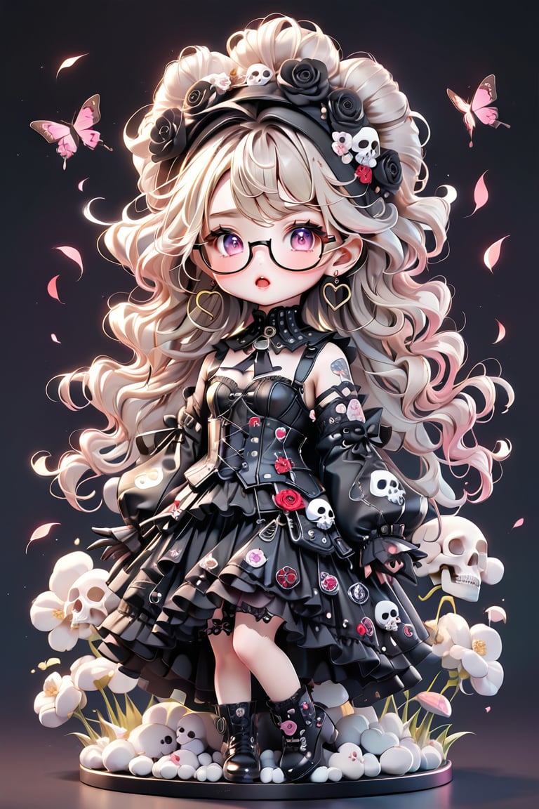 1girl, Catholicpunk aesthetic art, cute goth girl in a fusion of Japanese-inspired Gothic punk fashion, glasses, skulls, goth. black gloves, tight corset, black tie, incorporating traditional Japanese motifs and punk-inspired details,Emphasize the unique synthesis of styles, flowers, butterflies, score_9, score_8_up ,heavy makeup, earrings,  Lolita Fashion Clothes, kawaii, hearts ,emo, kawaiitech, dollskill,chibi,