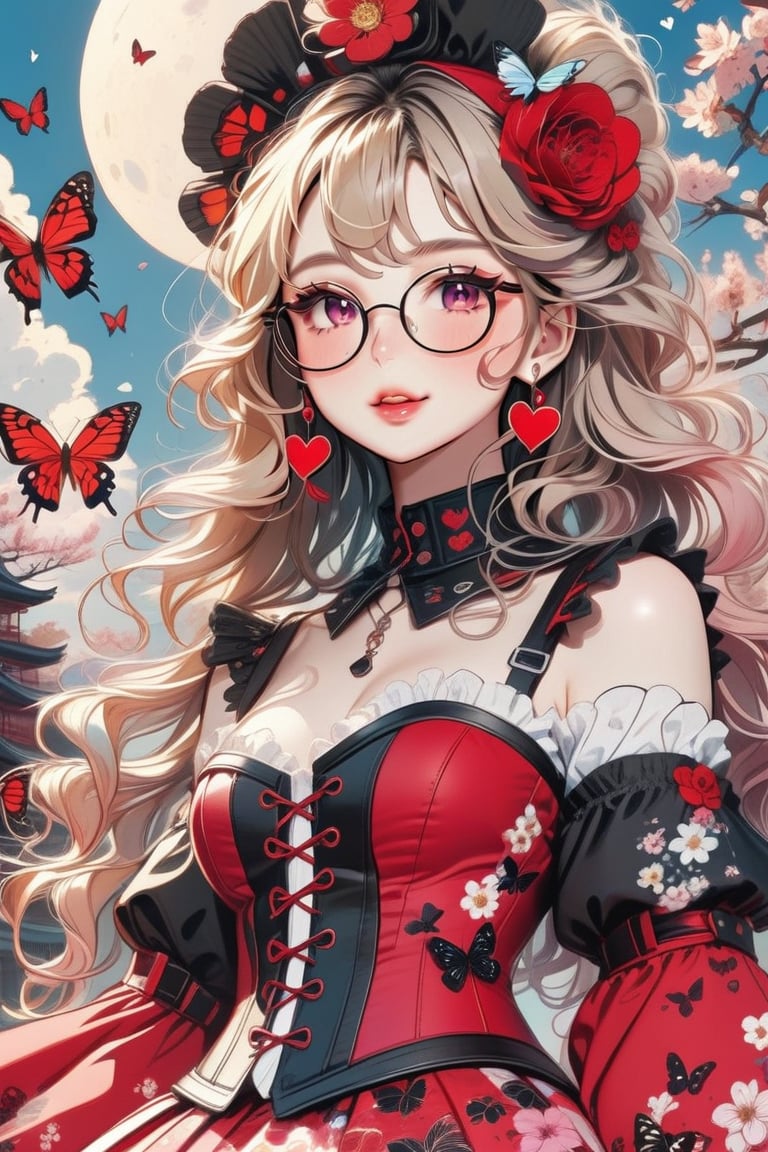 1girl, Catholicpunk aesthetic art, cute goth girl in a fusion of Japanese-inspired Gothic punk fashion, glasses, goth. RED gloves, tight corset, PARTED LIPS, KISSING LIPS, beautiful eyes, attractive eyes, incorporating traditional Japanese motifs and punk-inspired details,Emphasize the unique synthesis of styles, flowers, butterflies, score_9, score_8_up ,heavy makeup, earrings,  Lolita Fashion Clothes, kawaii, hearts ,emo, kawaiitech, dollskill,chibi,