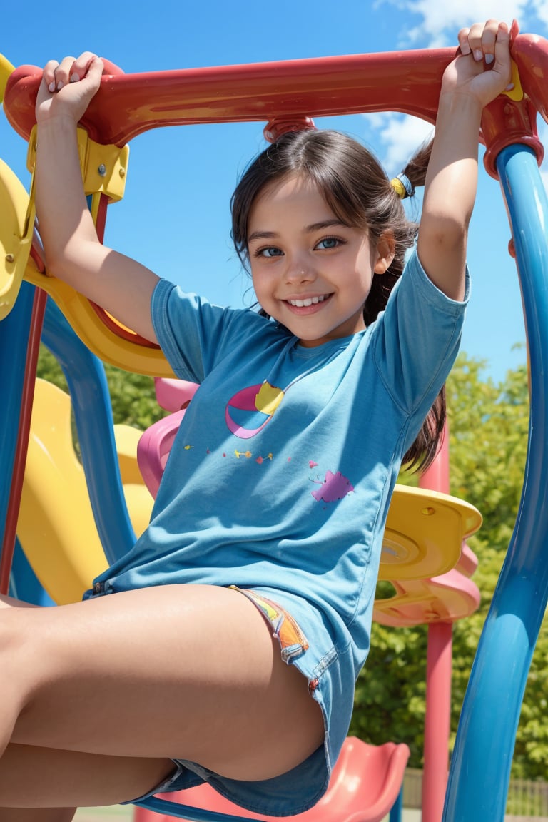 A playful, radiant young woman with bright eyes and a beaming smile poses confidently in a sun-kissed playground, surrounded by vibrant swings and slides. Her petite frame is highlighted through her casual attire, exuding carefree innocence as she basks in the warm sunlight. The colorful playground equipment provides a lively backdrop, capturing her joyful spirit.