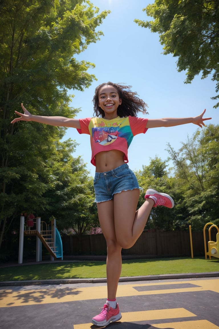 Vibrant playground scene: A carefree young woman with a scorching hot physique bursts with joy, wearing casual wear and radiating innocence and purity as she leaps into the air, her bright smile lighting up the sunny day. Warm sunlight dances across her freckled skin, highlighting playful laughter amidst colorful playground equipment and lush greenery.