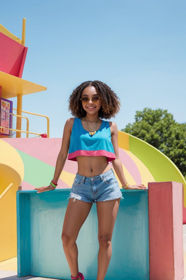 A bright-eyed beauty radiates joy and confidence, posing saucily on a vibrant playground backdrop of sun-kissed concrete and popsicle-colored squares. Her petite frame is accented by a casual yet sassy outfit, as she gleams with happiness beneath the warm sunlight.