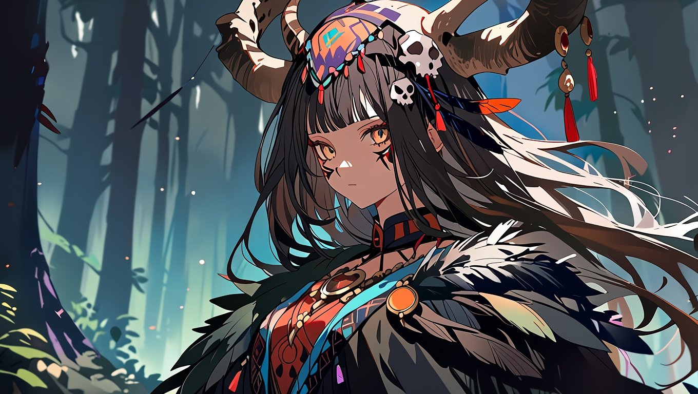 (by aburaeoyaji:1.3), (by ciloranko:1.2), (by sudach_koppe:1.1), general, forest ruin background, 1girl, shaman, wearing a headdress, detailed facial features, black feathers on her head, facial tribal markings, animal skull, cinematic photography, masterpiece, best quality, very aesthetic, absurdres, ultra-detailed,
