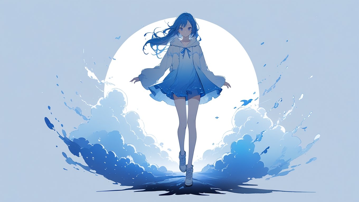 1girl,illustration,blue-tinted,full body