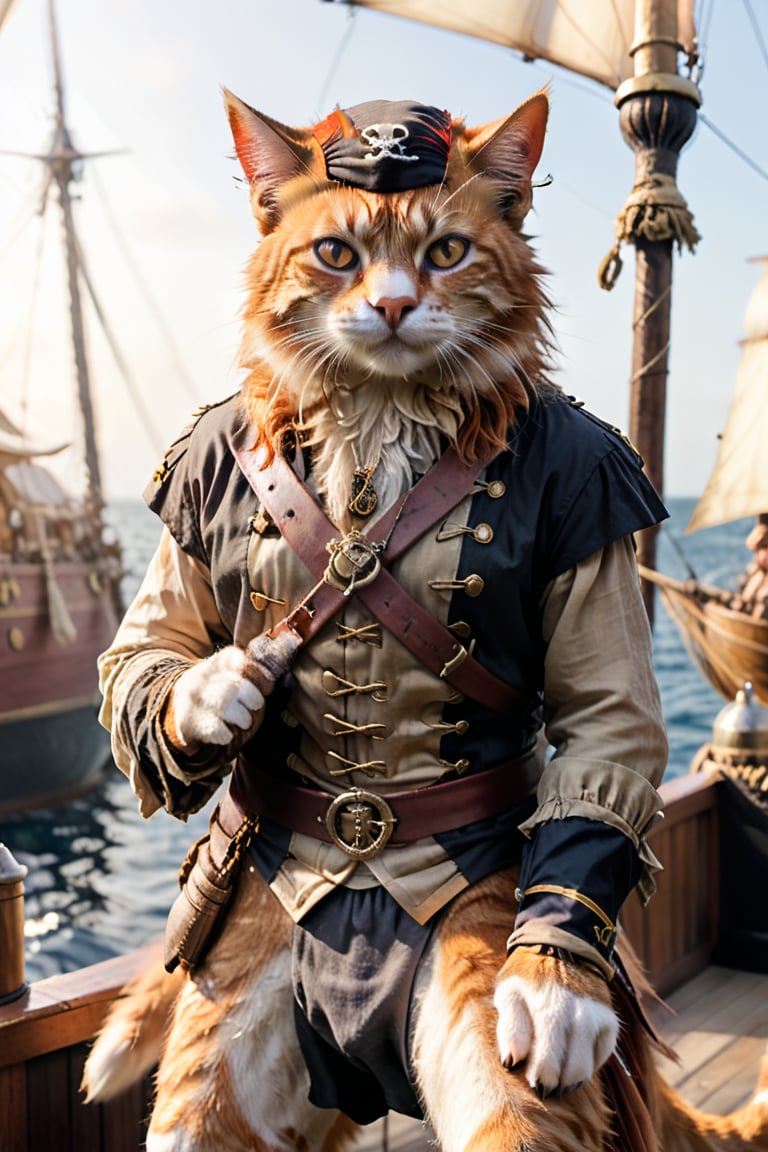 A swashbuckling feline commander, an orange tabby pirate captain stands at attention, proud and commanding. His whiskers bristle with authority, his eyes gleam with treasure-hunting zeal. Behind him, a flotilla of cat sailors, all dressed in miniature pirate attire, gaze up at their fearless leader with adoration. The warm sunlight casts a golden glow on the scene, highlighting the captain's majestic pose.
