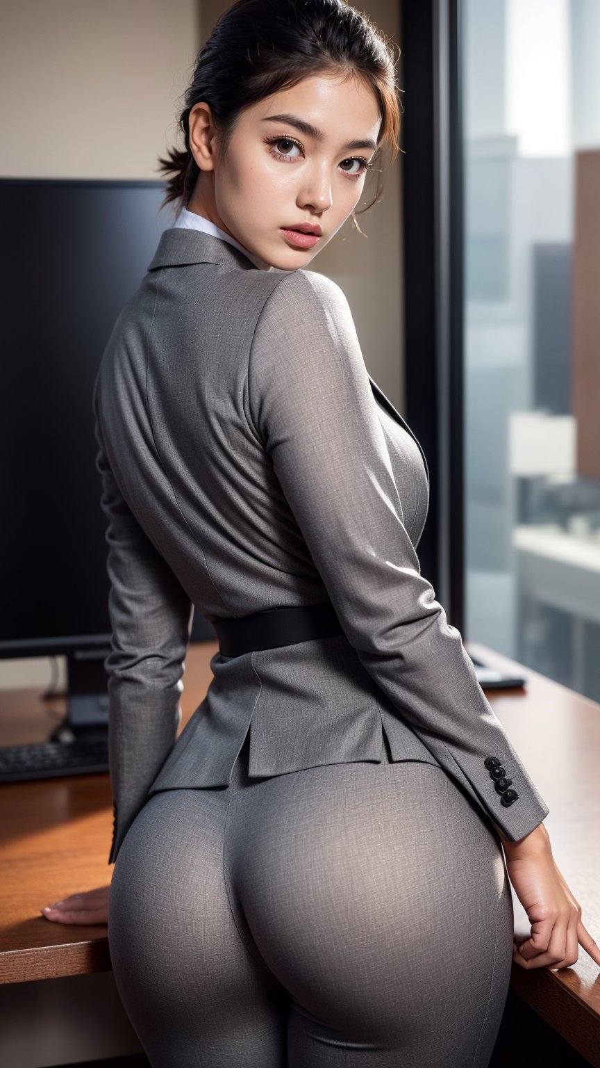 (Best quality, 8k, 32k, Masterpiece, UHD:1.2), 1girl, beautiy Japanese woman, narrow waist, grey suit, open jacket, office lady, suit, pants, from behind, office room, desk,  (stick out one's buttocks:1.2), detailed face, short hair, from below, raise one leg,Kaeya