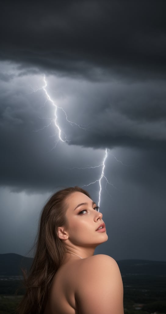 AJ Applegate stands majestic amidst a tumultuous sky, Imperial Crown of Russia adorning her regal presence. Her face tilts heavenward as she harnesses the tempest's fury. Chaotic lightning flashes, casting an ethereal glow on her porcelain skin. Fog tendrils swirl around her in mesmerizing HD detail. Framed at 50mm, a shallow depth of field (Q5) isolates AJ against a stormy backdrop, while an aperture ratio (AR) of 8:10 and viewpoint (V) 5 create a sense of intimacy and awe-inspiring drama.,AJ,photorealistic