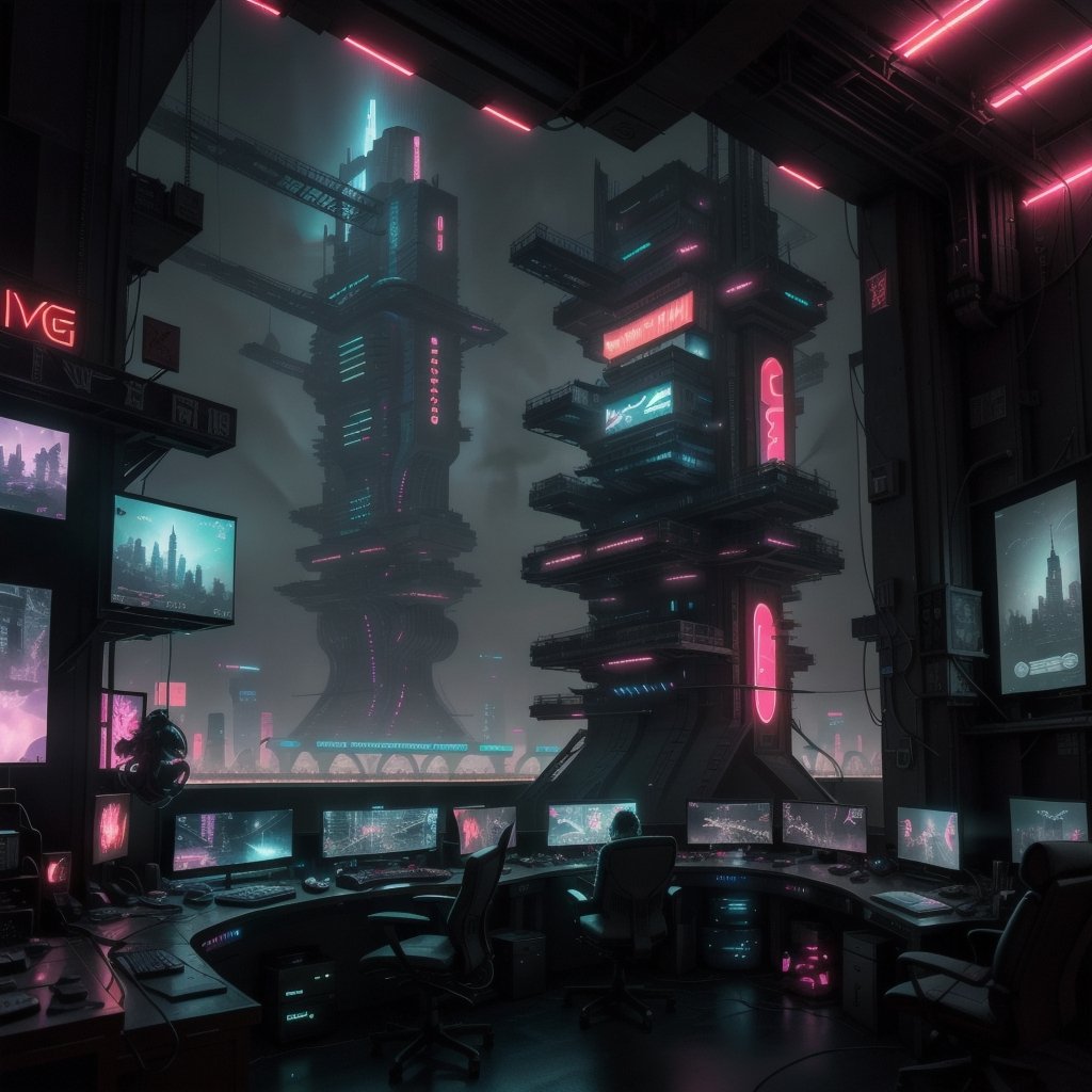high quality, the main thing is a gaming desk, technological, with futuristic lights, neon lights, looking at a futuristic advanced city in the distance from a tall building, at night, dark sky, the city must be with neon lights