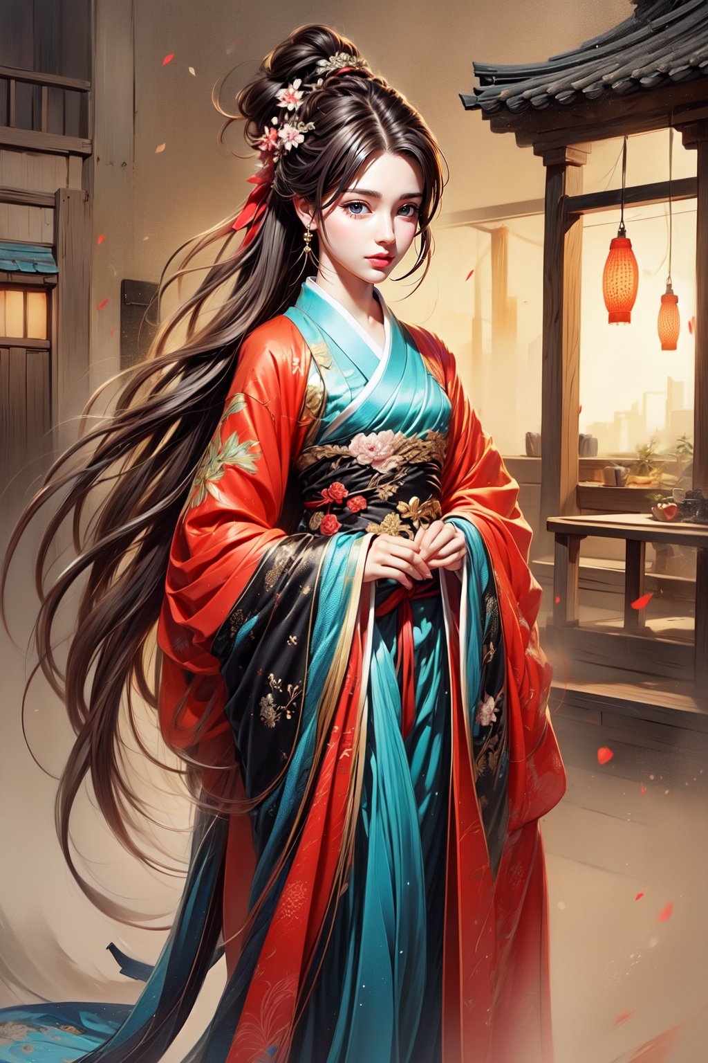 1girl, solo, long hair, looking at viewer, bangs, skirt, black hair, long sleeves, holding, brown eyes, standing, full body, ponytail, japanese clothes, indoors, wide sleeves, head tilt, red lips, hanfu