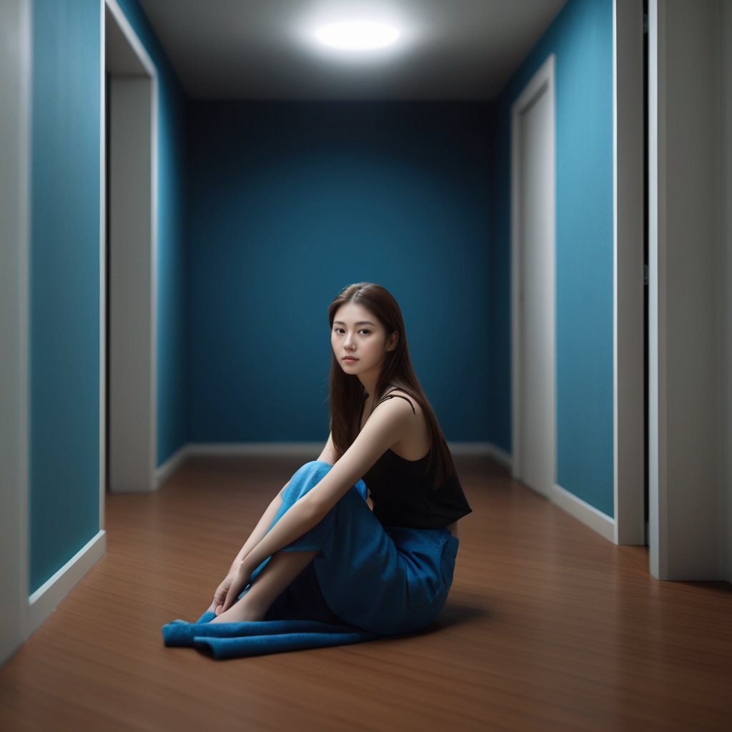 best quality:1.2,8K,photo,photorealistic,extreme details,lora:girl_07:0.6,a girl sat in the middle of an empty and dim room,looking at viewer,