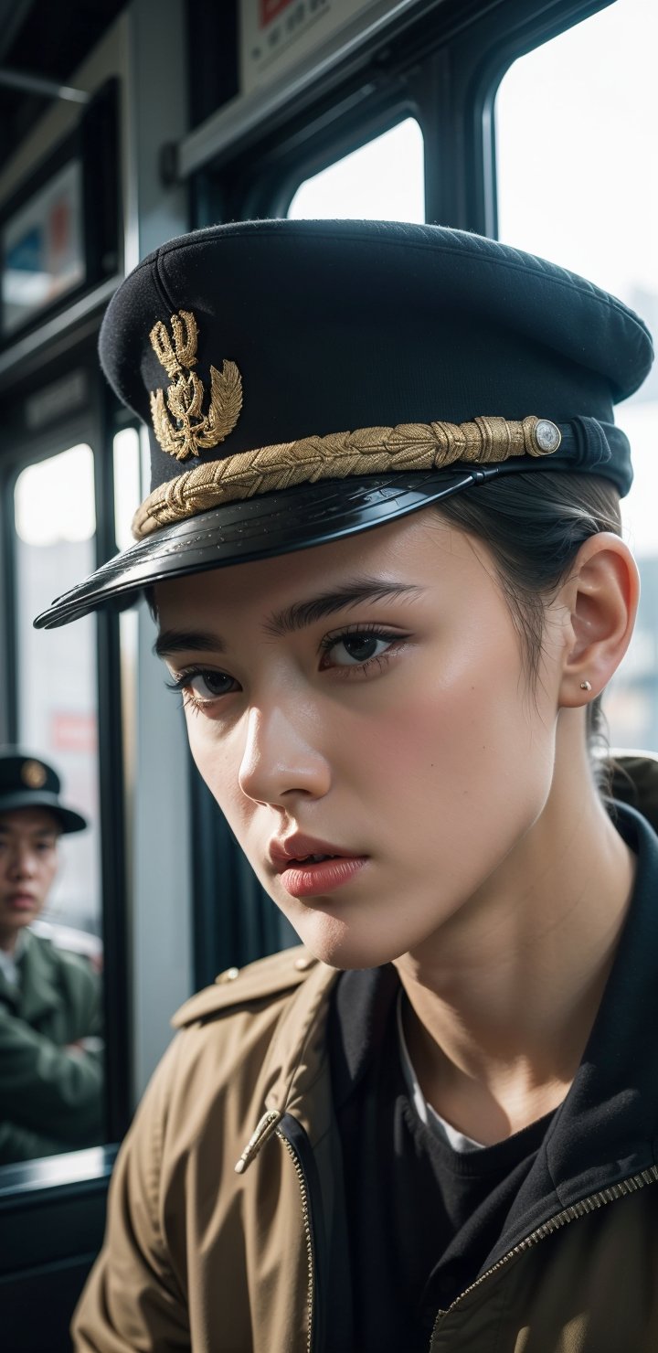 close up shot, solo, 1boy, male focus, young, handsome, full lips, WW2 soldier cap, ground vehicle, realistic, train interior, looking through the train window, 1940s style setting, (high detailed skin:1.4), 1940s soldier uniform, 4k ultra hd, smooth picture, noise-free realism, sigma 85mm f/1.4,photorealistic