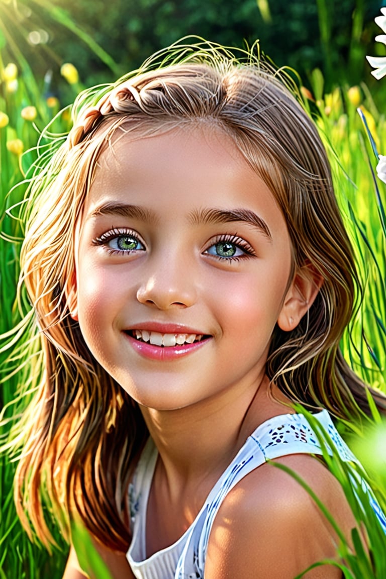 (best quality,4k,8k,highres,masterpiece:1.2),ultra-detailed,(realistic,photorealistic,photo-realistic:1.37),beautiful detailed eyes,beautiful detailed lips,extremely detailed eyes and face,longeyelashes,little girl,cute girl,cute smile,outdoor,illustration,pastel colors,soft lighting,happy expression,green garden,flowers,grass, sunshine


,Extremely Realistic