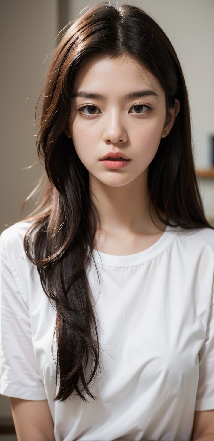 a close up of a woman with long hair wearing a white shirt, 1 8 yo, 18 years old, 19-year-old girl, xintong chen, korean girl, xision wu, heonhwa choe, 2 2 years old, 21 years old, ulzzang, wenfei ye, young cute wan asian face, lips