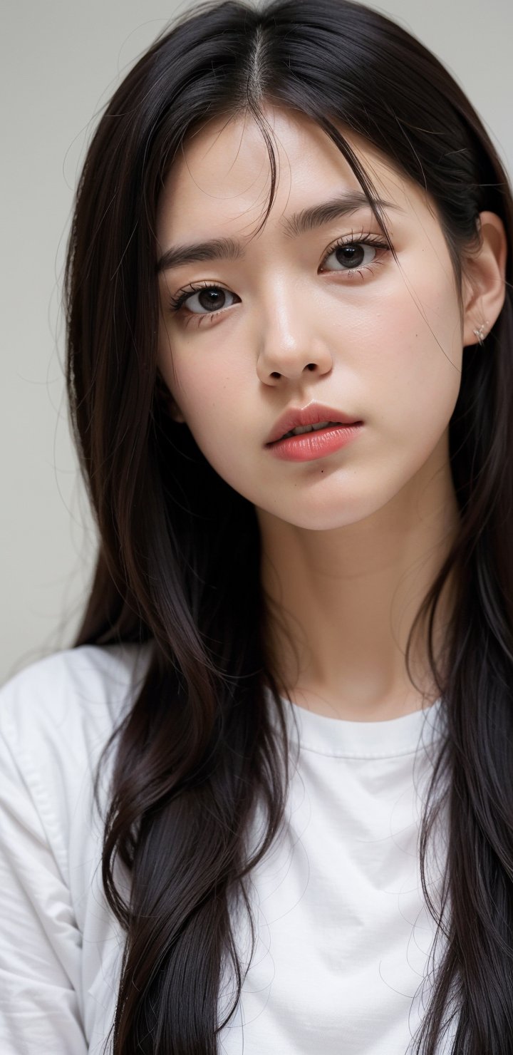 a close up of a woman with long hair wearing a white shirt, 1 8 yo, 18 years old, 19-year-old girl, xintong chen, korean girl, xision wu, heonhwa choe, 2 2 years old, 21 years old, ulzzang, wenfei ye, young cute wan asian face, lips