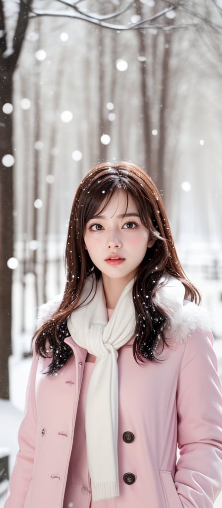 best quality,HDR,UHD,8K,Vivid Colors,solo,photo_,(1girl:1.3),(standing:1.3),(looking at viewer:1.4),Elegant,detailed gorgeous face,(upper body:1.2),bright,(snowing background:1.2),(pale skin:1.4),,Twinkle,pink coat,fur collar,bow