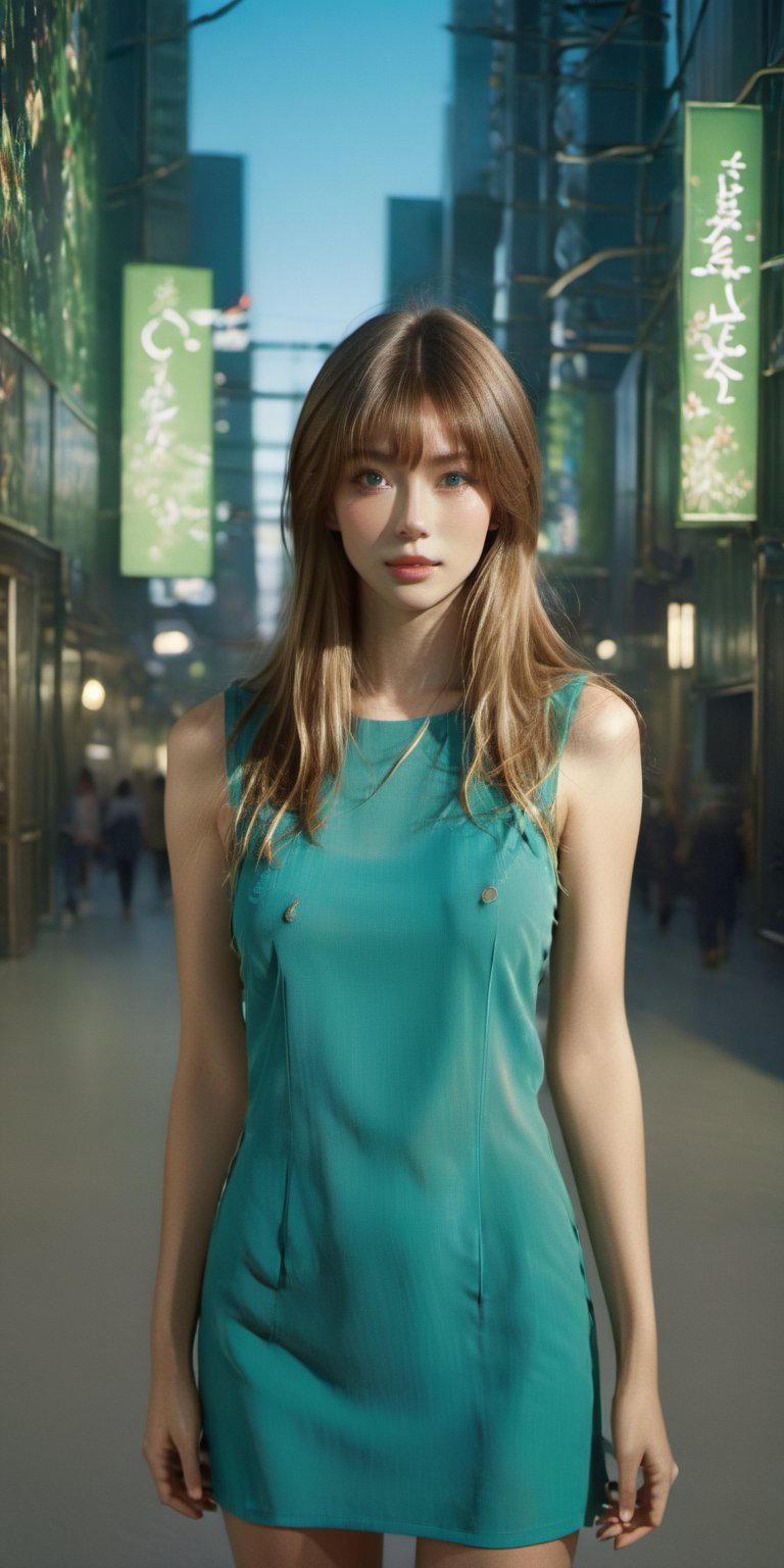 ((Generate hyper realistic image of captivating scene featuring a stunninga woman, 20yo, long light brown straight hair with bangs, Frontal view, looking at viewer, relaxing expression, clearly gray eyes, green dress, (full body view:1.5). finger detailed, walking in the forest, background detailed, ambient lighting, extreme detailed, cinematic shot, realistic illustration, (soothing tones:1.3), (hyperdetailed:1.2) (high quality), masterpiece, (intricate details) blue fractal light efect, highly detailed, vibrant, production film, ultra high quality, photography style, Extremely Realistic, (((Dramatic light)))