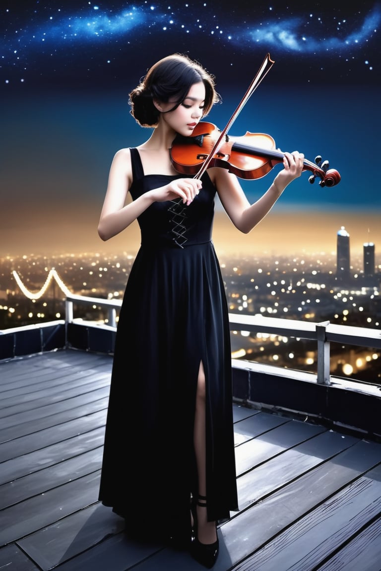 ((masterpiece, quality, wide photo angle)), 1 girl, standing on the roof of a building, solo, Vintage hairstyle, black hair, dress, sleeveless, black dress, high heels, sleeveless dress, instrument, ((playing violin1.3)), real hands, night, stars, wind blows