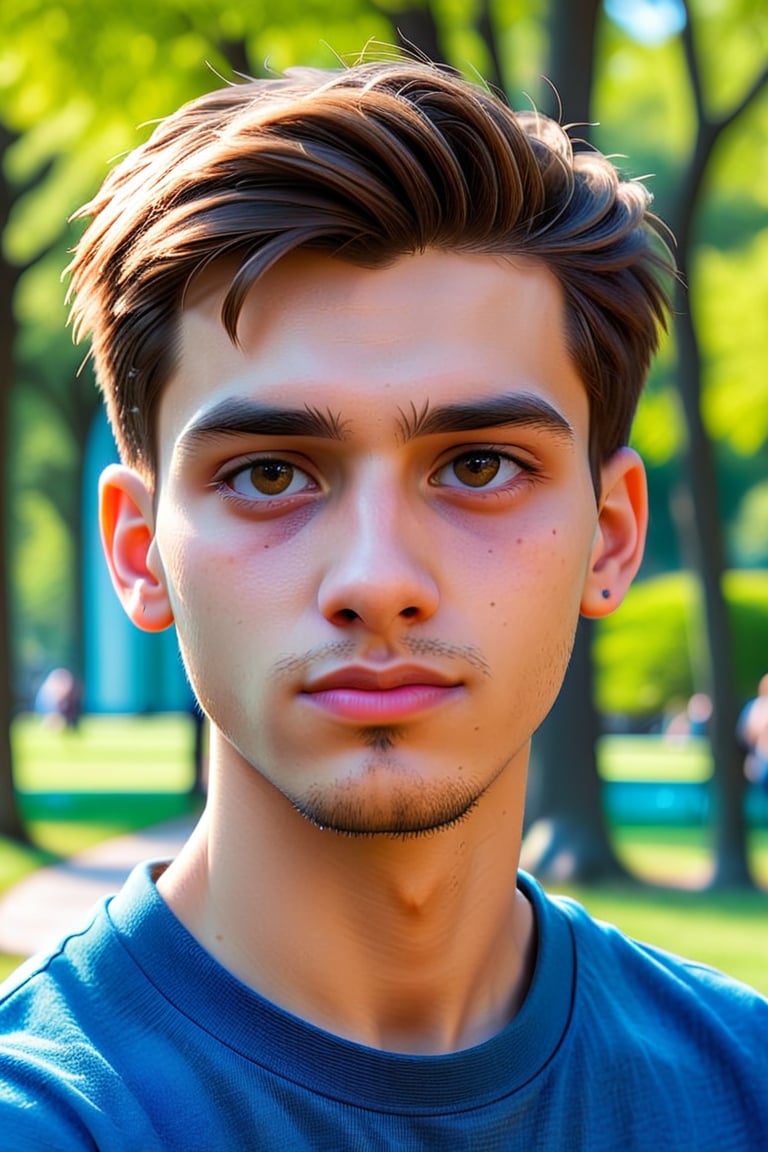 1 boy, (21 years old), short hair, perfect hair, light skin, white, Italian brown, realism, cool, Nonchalant, otside, normal day, walk in the park, selfie, conservative, chad, chizzled, bad boy, thug, mean mug, mean face, Instagram, selfie, handsome, cool, masculine, hard, half body, innocent, happy, young, vibrant, cute, slender/slim body shape, normal size head, head that fits body, high quality, masterpiece , 3D, background of outside, park,