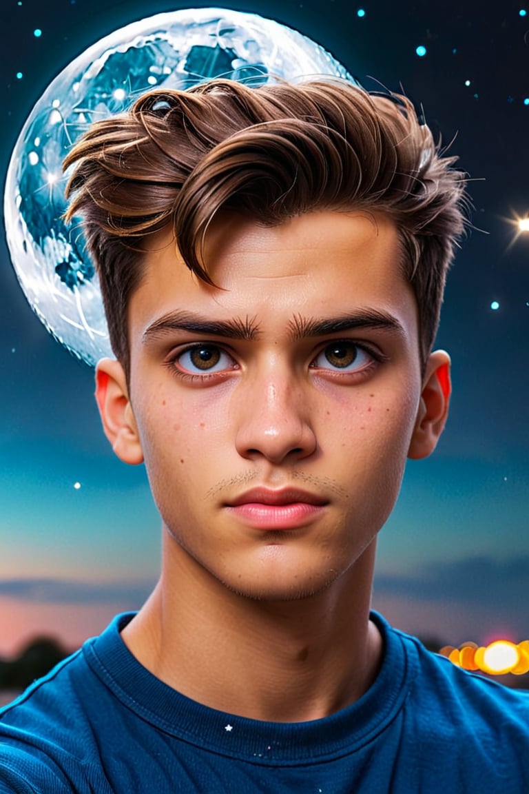 1 boy, (21 years old), short hair, perfect hair, light skin, white, Italian brown, realism, cool, Nonchalant, galaxy, moon, stars, conservative, chad, chizzled, bad boy, thug, mean mug, mean face, Instagram, selfie, handsome, cool, masculine, hard, innocent, happy, young, vibrant, cute, slender/slim body shape, normal size head, head that fits body, high quality, masterpiece , 3D, background outerspace, 