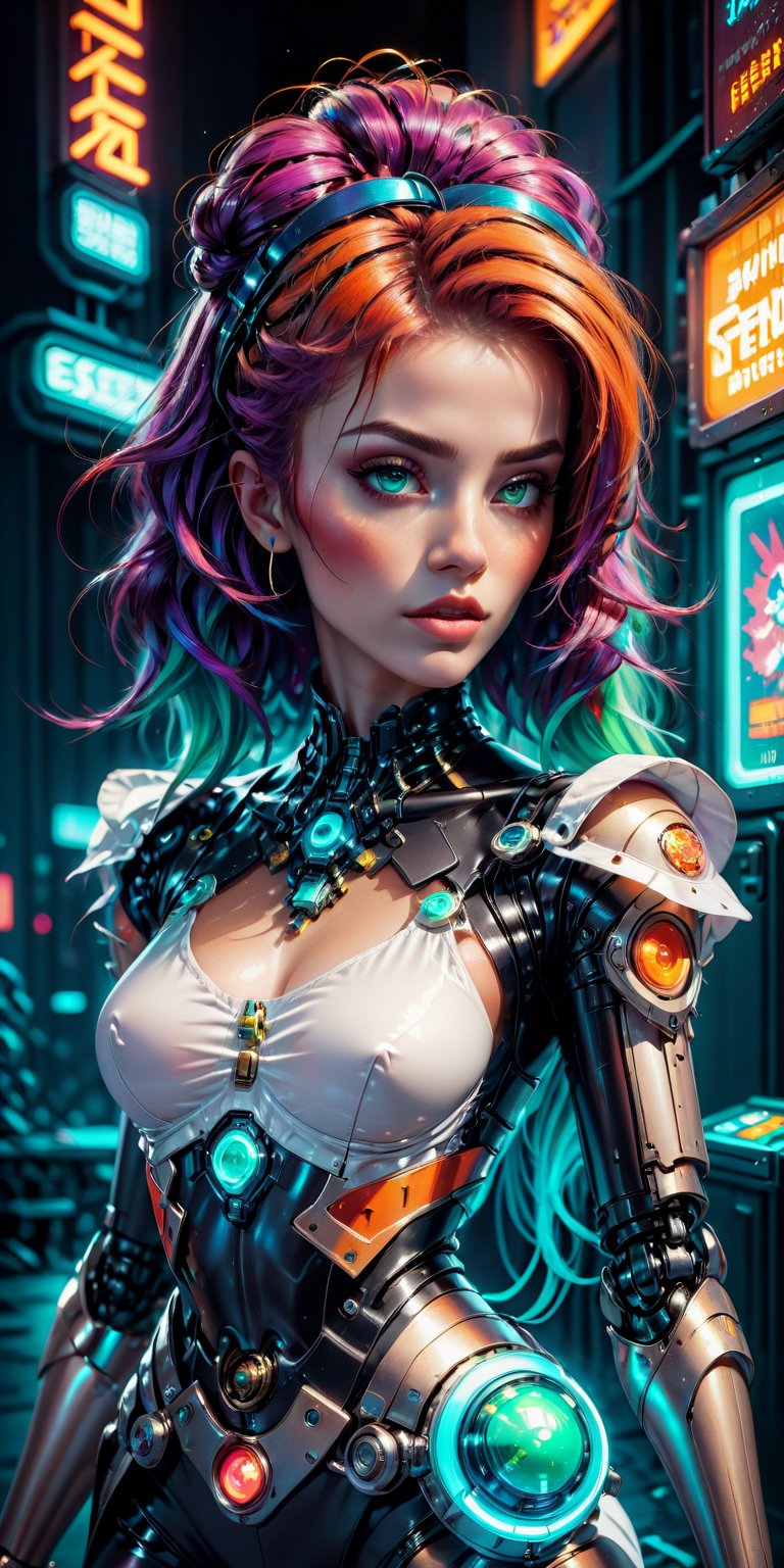 (masterpiece), best quality, expressive eyes, perfect face, ((In the style of retro pixel art)), vibrant colors, dynamic composition, futuristic, sci-fi, cyberpunk, neon lights, arcade game vibe, electric energy. A girl with vibrant hair and cybernetic enhancements delicatelya (( holds a retro joystick in her hands)). ,real_booster,cyberpunk style,KA,futurecamisole