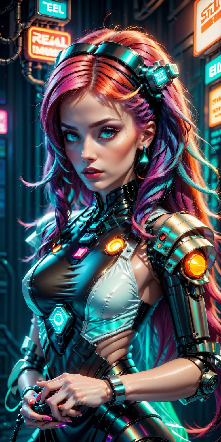 (masterpiece), best quality, expressive eyes, perfect face, ((In the style of retro pixel art)), vibrant colors, dynamic composition, futuristic, sci-fi, cyberpunk, neon lights, arcade game vibe, electric energy. A girl with vibrant hair and cybernetic enhancements delicatelya (( holds a retro joystick in her hands)). ,real_booster,cyberpunk style,KA,futurecamisole