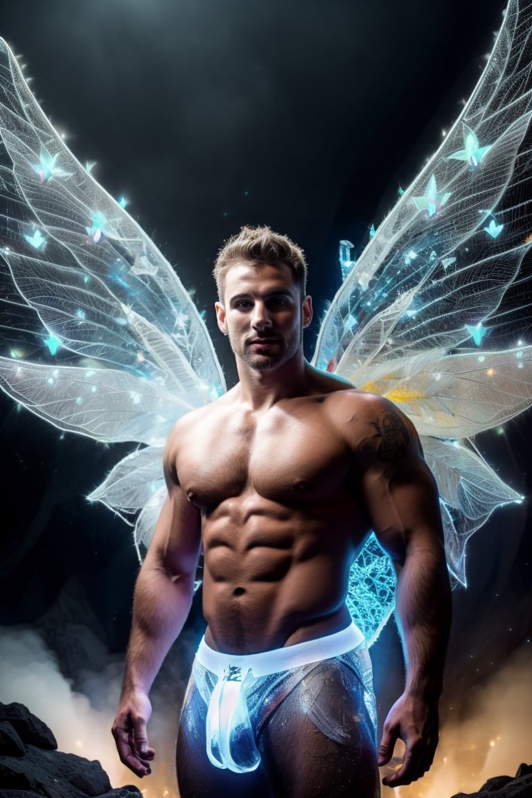 Professional film, ultrarealistic, (HDR, RAW, DSLR:1), cinematic sparkling underground diamond mine, intricate details, an (extrememly handsome, Male fairy:1.5), (glowing white fairy wings:1.5), stunningly detailed muscular physique, (flexing:1), perfect detailed eyes, cocky smile, handsome facial features, short white hair, white aura energry, (sexy confident pose:1.5), dynamic lighting, anatomically correct, atmospheric, high contrast, sharp focus, color graded, 8k resolution, Hi-def, Focus,Portrait,DonMF41ryW1ng5,bulge,Pectoral Focus
