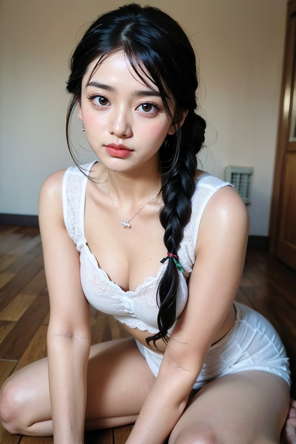 background is ancient chinese war,burning buildings, smoke,dark sky 18 yo, 1 girl, big eyes, over sized eyes, beautiful korean girl, sitting on floor,wearing beautiful hafu, solo, {beautiful and detailed eyes}, dark eyes, calm expression, delicate facial features, ((model pose)), Glamor body type, (dark hair:1.2),braided hair, simple tiny necklace,simple tiny earrings, flim grain, realhands, masterpiece, Best Quality, 16k, photorealistic, ultra-detailed, finely detailed, high resolution, perfect dynamic composition, beautiful detailed eyes, eye smile, ((nervous and embarrassed)), sharp-focus, full_body, cowboy_shot